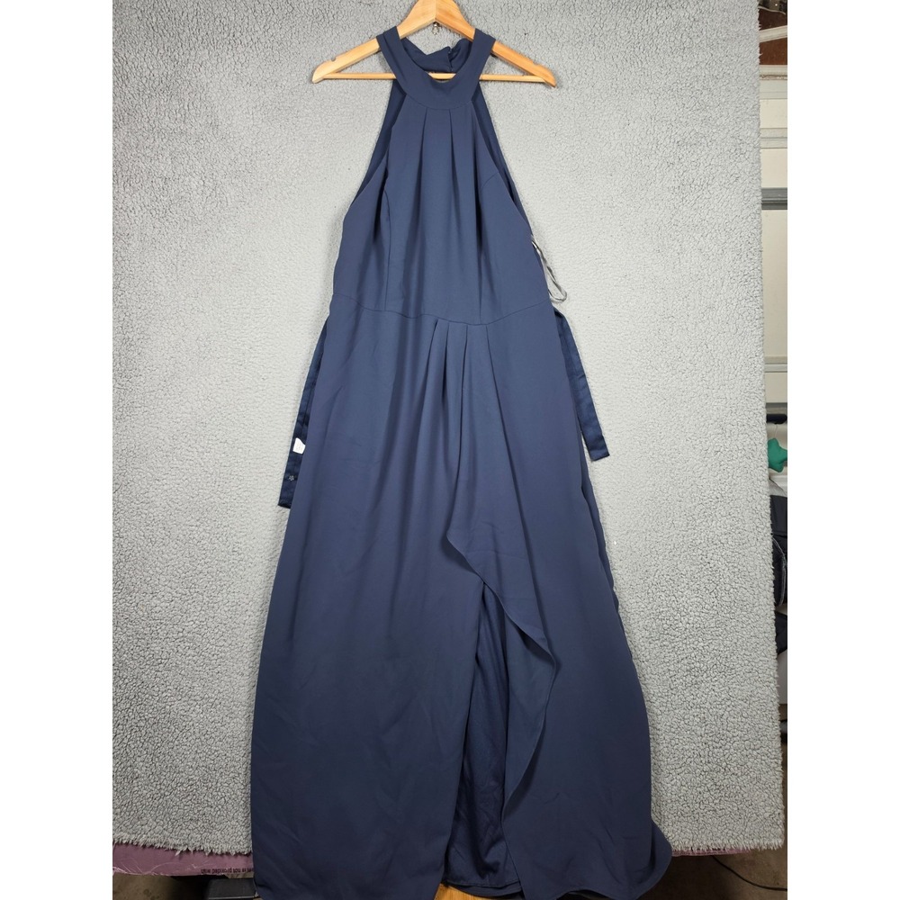 White by Vera Wang Halter Dress Womens Sz 18 Navy Maxi Tie Front Leg Slit Formal